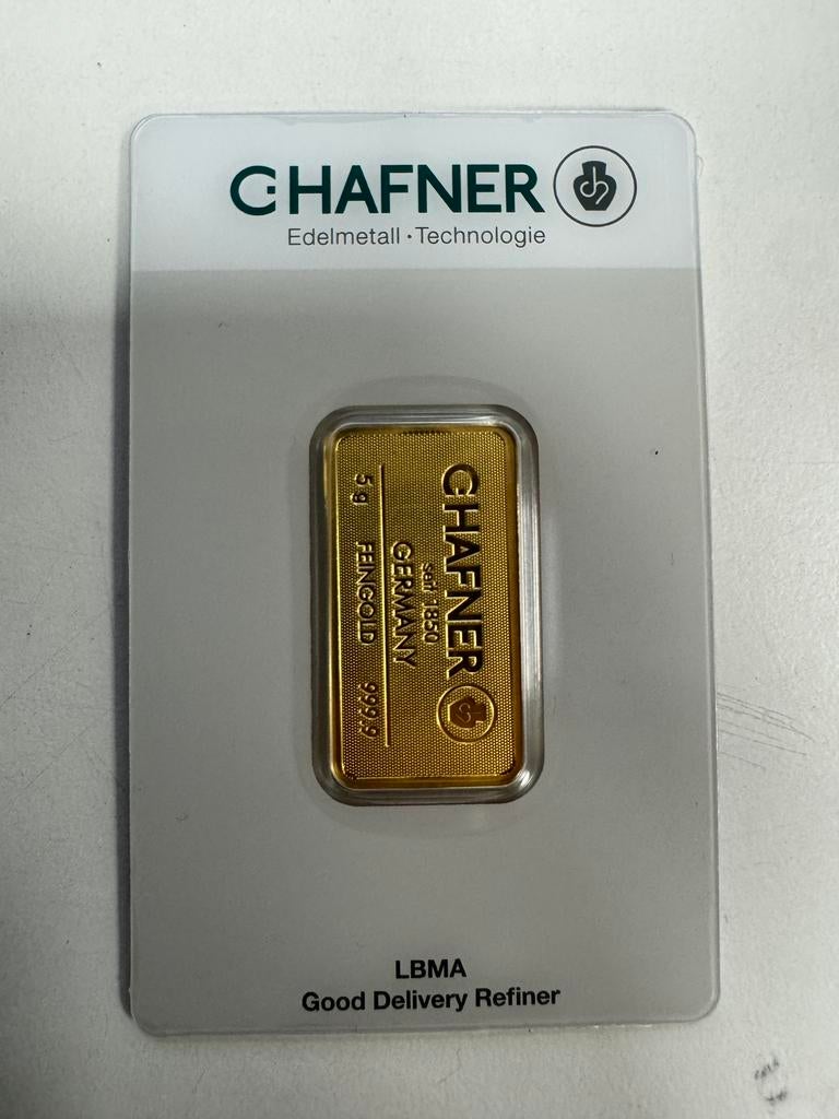 5 gram C. Hafner met certificaat goudbaar fijngoud, Postzegels en Munten, Edelmetalen en Baren, Ophalen of Verzenden, Goud
