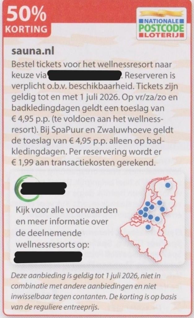 Sauna. 50% korting. Postcodeloterij kortingsbon., Tickets en Kaartjes, Kortingen en Cadeaubonnen, Drie personen of meer, Kortingsbon