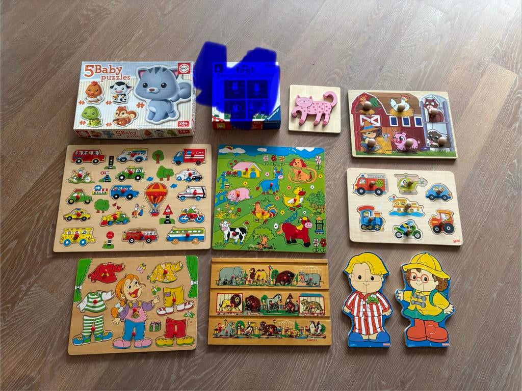 14 baby en peuter houten en kartonnen puzzels, Ophalen of Verzenden, Minder dan 10 stukjes, Gebruikt