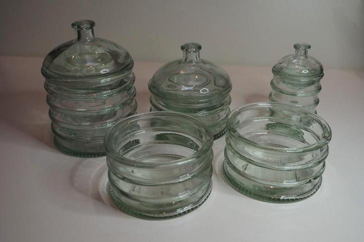 Gerecycled glas - Groene voorraad potten 5x, Huis en Inrichting, Keuken | Potten en Pannen, Zo goed als nieuw, Pot, Bus of Blik