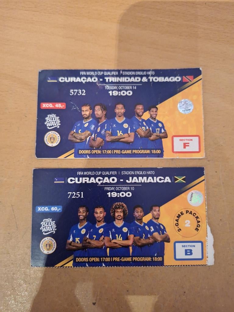 2 TICKETS Curacoa v Trinidad en Jamaica, Verzamelen, Ophalen of Verzenden, Zo goed als nieuw, Buitenlandse clubs