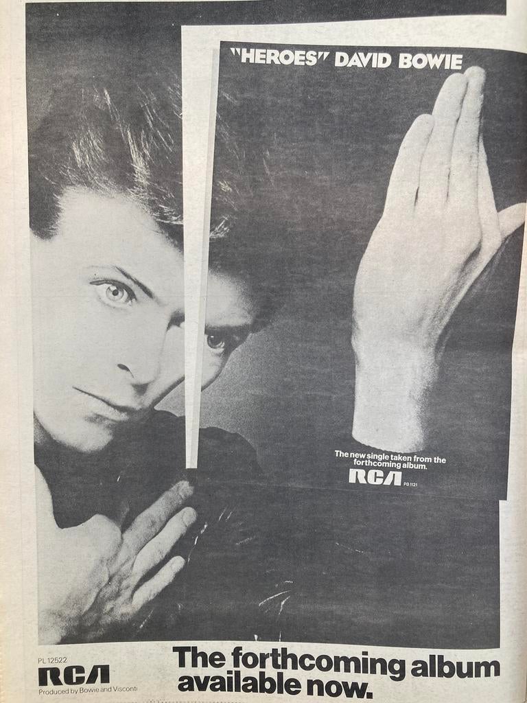 Paginagrote A3 advertentie DAVID BOWIE Heroes release, Cd's en Dvd's, Vinyl | Pop, Ophalen of Verzenden