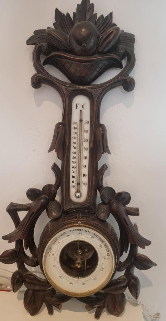 Antieke Barometer/Thermometer - Houtsnijwerk, Ophalen, Gebruikt, Barometer