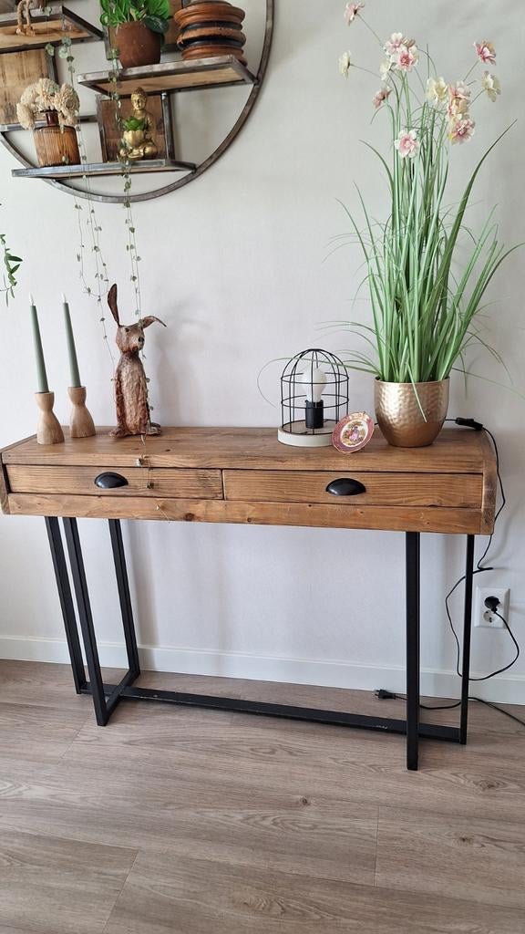 Houten sidetable met staal onderstel, Ophalen, 25 tot 50 cm, Rechthoekig, 100 tot 150 cm