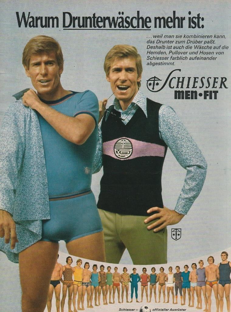 Retro reclame 1974 Schiesser heren ondergoed heel kleurig, Verzenden, Overige typen