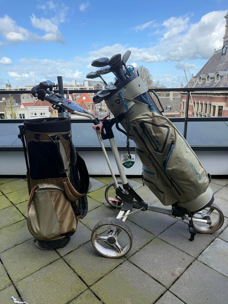 Golfbuggy met tas en 14 clubs, Sport en Fitness, Golf, Ophalen, Gebruikt, Set, Overige merken
