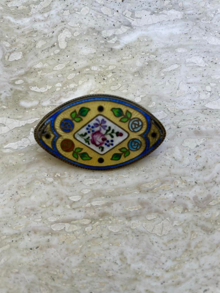 Antieke emaille broche met bloemmotief, Ophalen of Verzenden