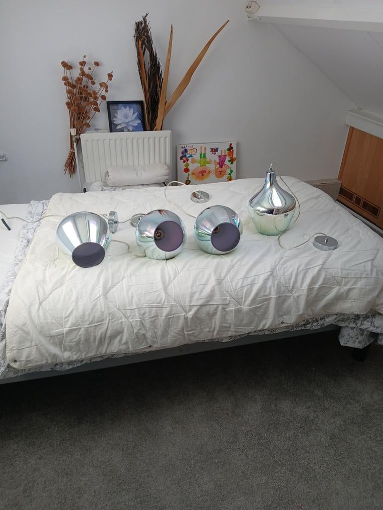 Set van 4 zilverkleurige hanglampen, Huis en Inrichting, Lampen | Hanglampen, Ophalen, Zo goed als nieuw, Modern, Minder dan 50 cm