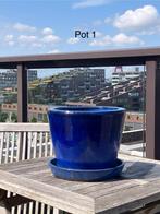 Blauw geglazuurde bloempot voor terras, Tuin en Terras, Bloempotten, Balkon, Rond, Zo goed als nieuw, Minder dan 40 cm