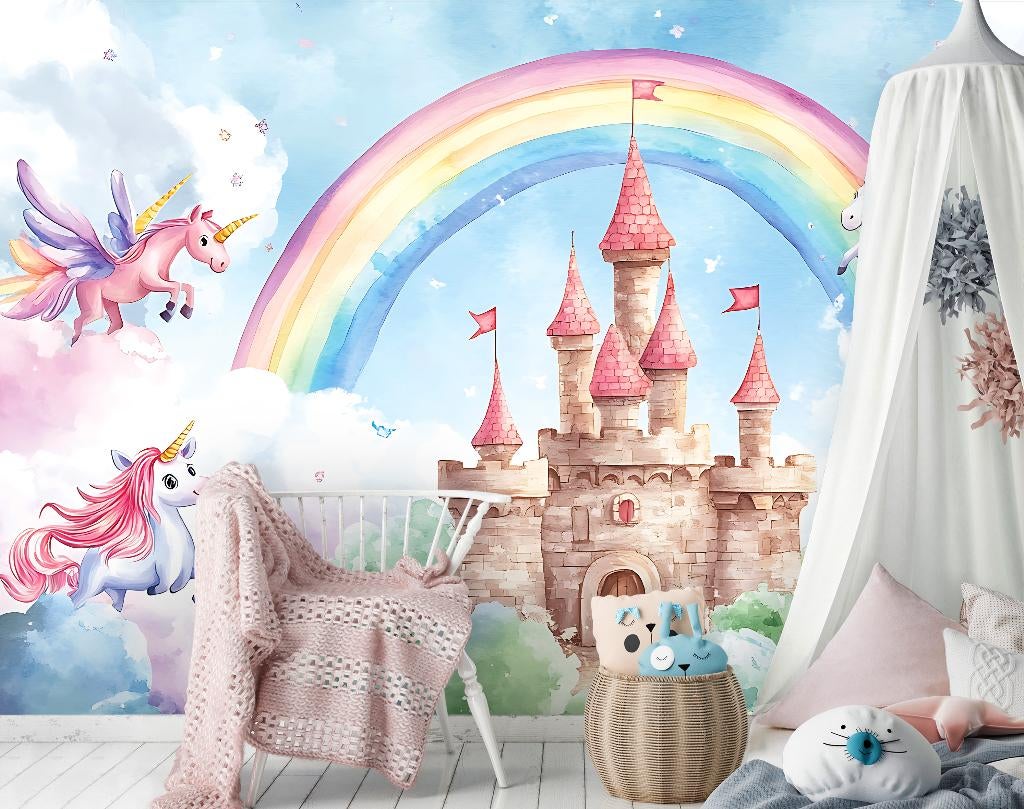 Fotobehang Kinderkamer Sprookjeskasteel Unicorn Paradijs, Verzenden, Minder dan 10 m², Info@fotobehangkoning.nl, Meisjeskamer