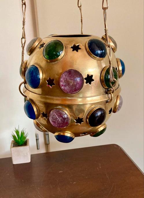 Antieke Oosterse met glas ingezette lantaarn koper messing., Huis en Inrichting, Lampen | Hanglampen, Zo goed als nieuw, Minder dan 50 cm