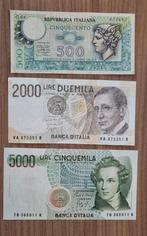 Bankbiljetten Italië 500/2000/5000 lire =Vakantieherinnering, Postzegels en Munten, Bankbiljetten | Europa | Niet-Eurobiljetten