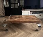 Houten salontafel met glasplaat en RVS designpoten, Huis en Inrichting, Ophalen, 100 tot 150 cm, Rustiek, 50 tot 100 cm