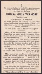 Gorp Adriana 1866 Tilburg 1944 Tilburg, Verzamelen, Bidprentjes en Rouwkaarten, Ophalen of Verzenden, Bidprentje