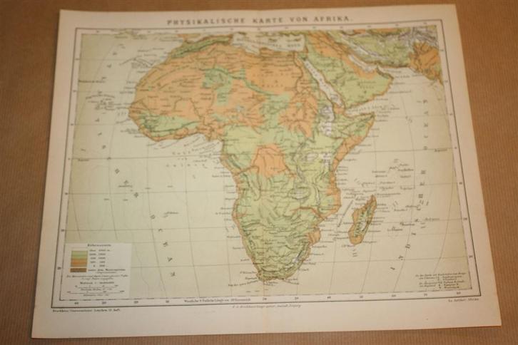 Antieke kaart - Afrika Natuurkundig - Circa 1885 !!, Boeken, Atlassen en Landkaarten, Gelezen, Landkaart, Wereld, 1800 tot 2000