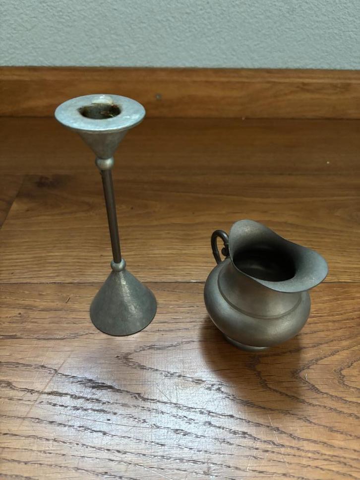 Tinnen kannetje, kandelaar en schoteltje, Antiek en Kunst, Antiek | Tin, Ophalen of Verzenden