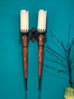 Kandelaar, grote kaarsen, hout met smeedijzer, Gebruikt, 50 tot 75 cm, Ophalen of Verzenden, Kandelaar