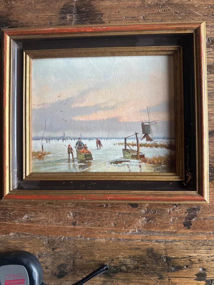 Antiek Wintertafereel Schilderijtje - 23x28 cm, Antiek en Kunst, Kunst | Schilderijen | Klassiek, Ophalen of Verzenden