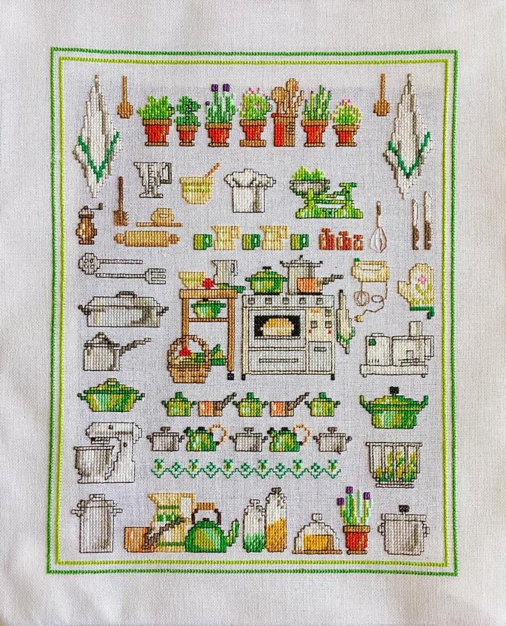 Borduurwerk, zijde, keuken, pan, pot, fornuis, vintage, Hobby en Vrije tijd, Borduren en Borduurmachines, Gebruikt, Overige typen