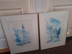 Twee ingelijste aquarellen van Nederlandse stadsgezichten, Ophalen of Verzenden