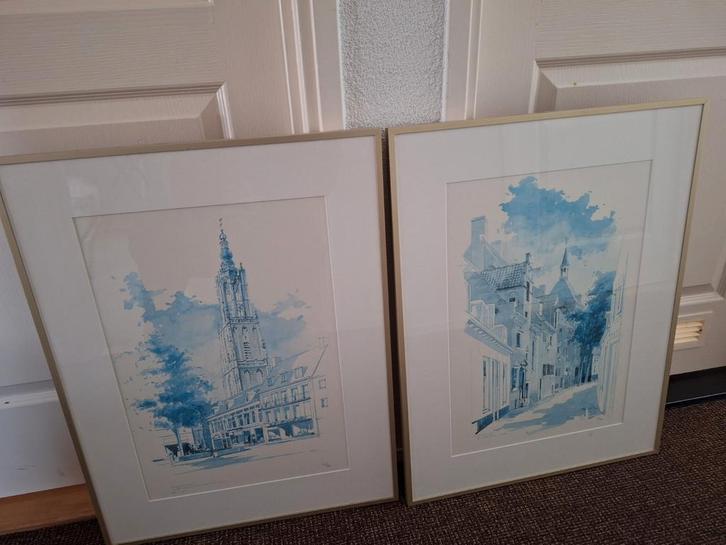 Twee ingelijste aquarellen van Nederlandse stadsgezichten, Antiek en Kunst, Kunst | Tekeningen en Foto's, Ophalen of Verzenden
