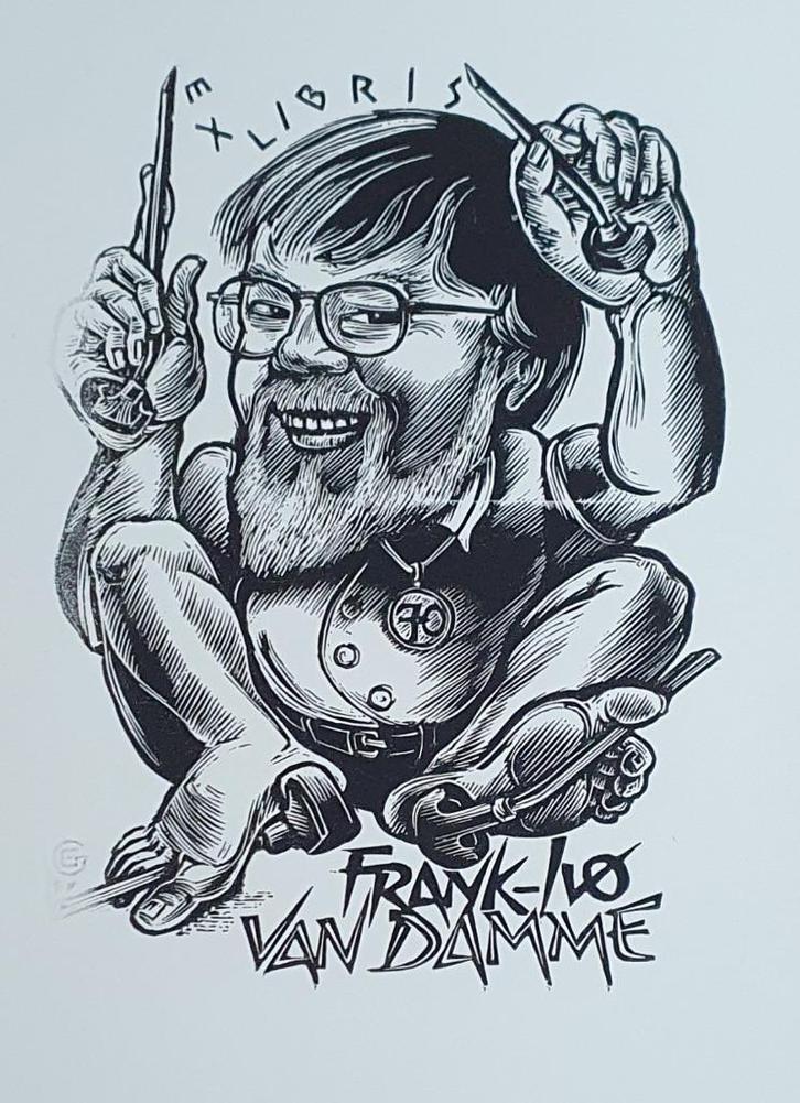 Exlibris Frank-Ivo van Damme, zelfportret Frank-Ivo v. Damme, Antiek en Kunst, Kunst | Etsen en Gravures, Verzenden