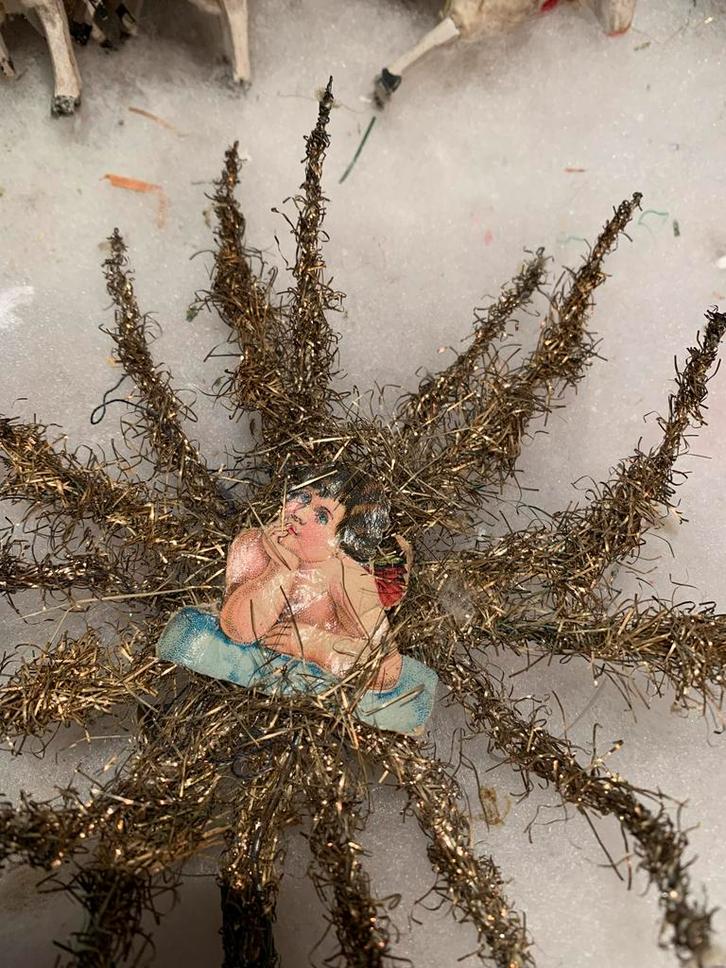 #kerst antieke tinsel Kerstboom ornament met engel, Diversen, Kerst, Gebruikt, Ophalen of Verzenden