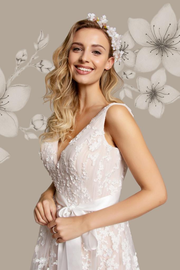 Trouwjurk nude maat 40/42 met 3D bloemen, Kleding | Dames, Trouwkleding en Trouwaccessoires, Zo goed als nieuw, Trouwjurk, Wit