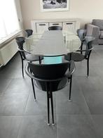 Glazen ovalen tafel met 6 lederen stoelen, Huis en Inrichting, Tafels | Eettafels, Glas, 100 tot 150 cm, 150 tot 200 cm, Gebruikt