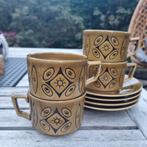 4 vintage koffiekopjes met schoteltjes, oker/olijfgroen, Ophalen of Verzenden