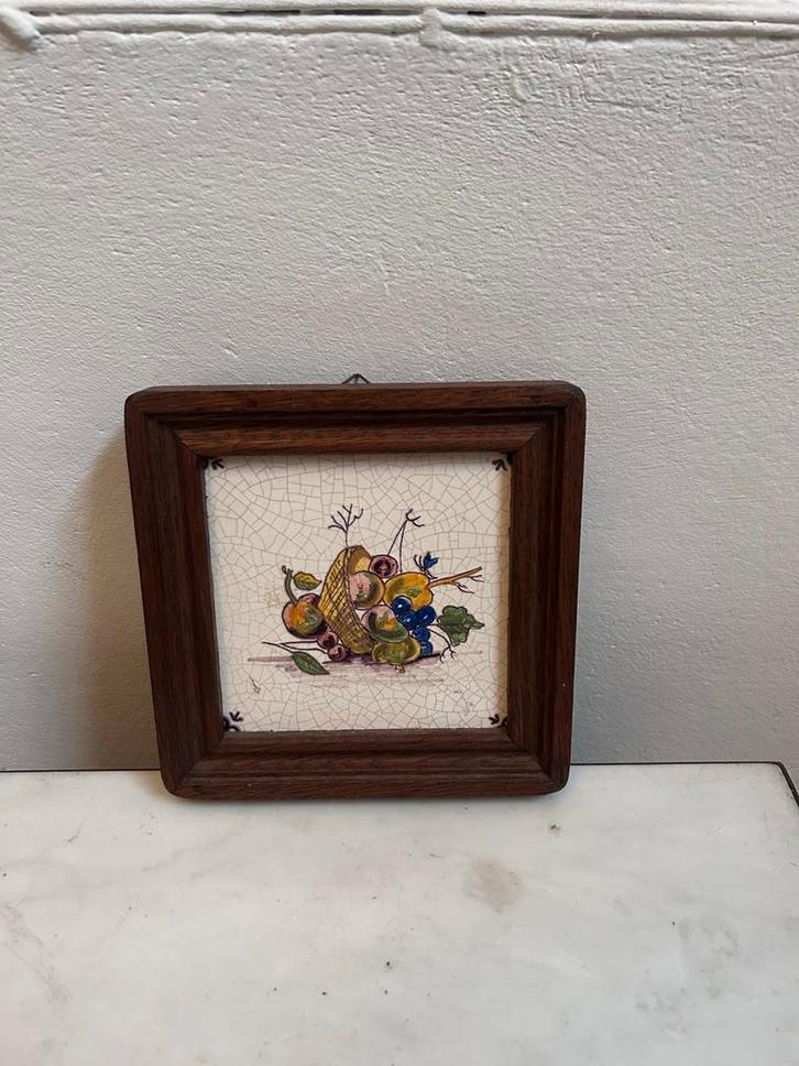Vintage Tegel met Houten Frame - Stilleven Fruit, Antiek en Kunst, Antiek | Wandborden en Tegels, Ophalen of Verzenden