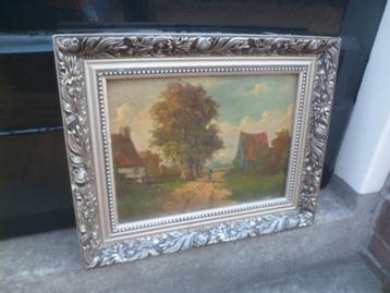 Mooi oud schilderij olieverf Hollands landschap houten lijst beschikbaar voor biedingen