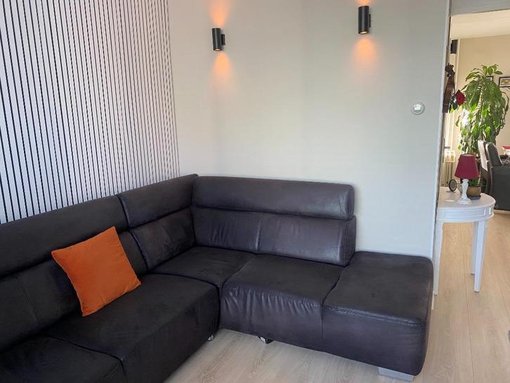 Hoekbank, zwart, Huis en Inrichting, Banken | Bankstellen, Gebruikt, Vierpersoons of meer, 250 tot 300 cm, Hout, Stof, Ophalen