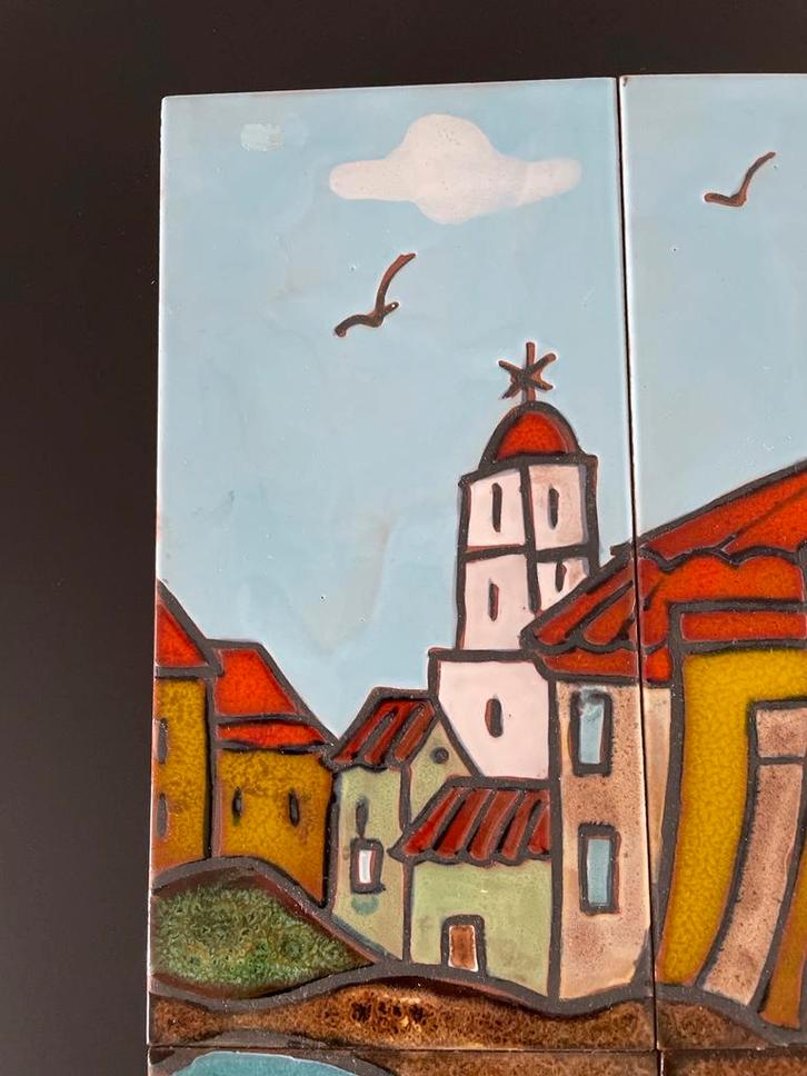 Art Deco Tegeltableau - Vissersbootje in Haven, Antiek en Kunst, Antiek | Wandborden en Tegels, Ophalen of Verzenden