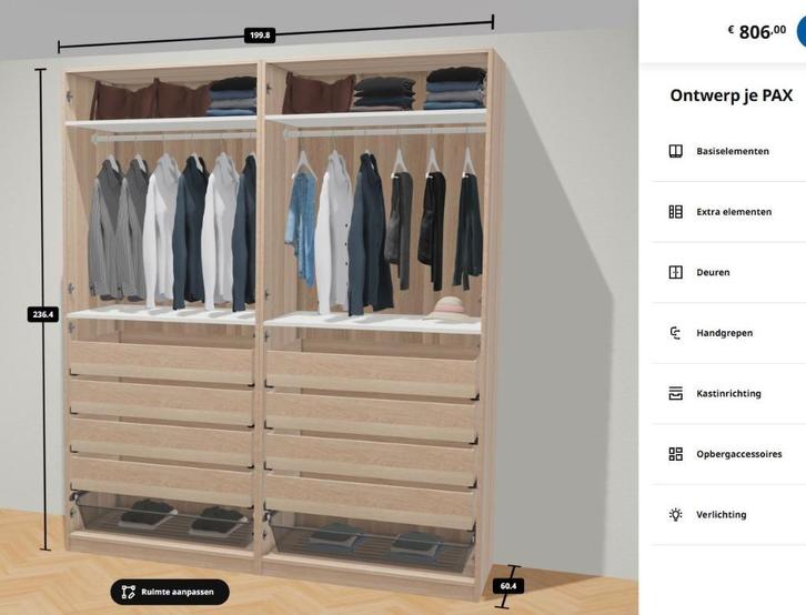 IKEA PAX kledingkast 200x58x236cm, Bezorg-/montageoptie, Huis en Inrichting, Kasten | Kledingkasten, Gebruikt, 200 cm of meer