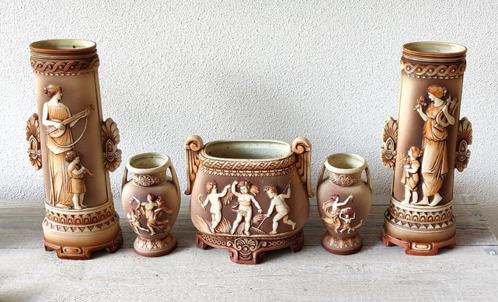 Prachtig 5 delig antiek bisquit porselein kast stel 1880, Antiek en Kunst, Antiek | Vazen, Ophalen of Verzenden