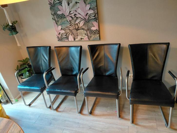 Set van 4 zwarte eetkamerstoelen leer, Antiek en Kunst, Antiek | Meubels | Stoelen en Banken, Ophalen of Verzenden