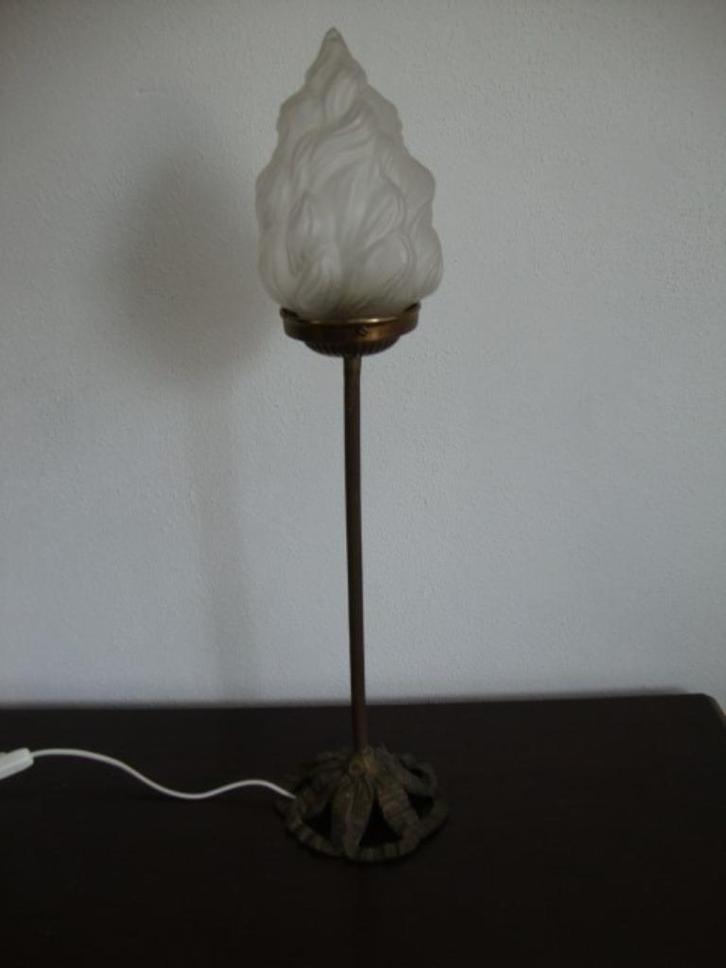 Oude staande franse bronzen lamp met gevlamde glazen kap, Antiek en Kunst, Curiosa en Brocante, Ophalen of Verzenden