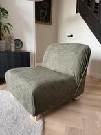 Donkergroene bouclé fauteuil – lounge stoel – houten pootjes, Huis en Inrichting, Fauteuils, Ophalen, Zo goed als nieuw