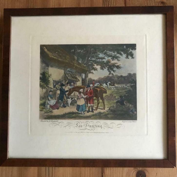 E. Bell 1800 "Fox Hunting" ingekleurde gravure G Morland, Antiek en Kunst, Kunst | Etsen en Gravures, Ophalen of Verzenden