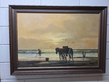 Mooi groot  schilderij met een Schelpenvisser beschikbaar voor biedingen
