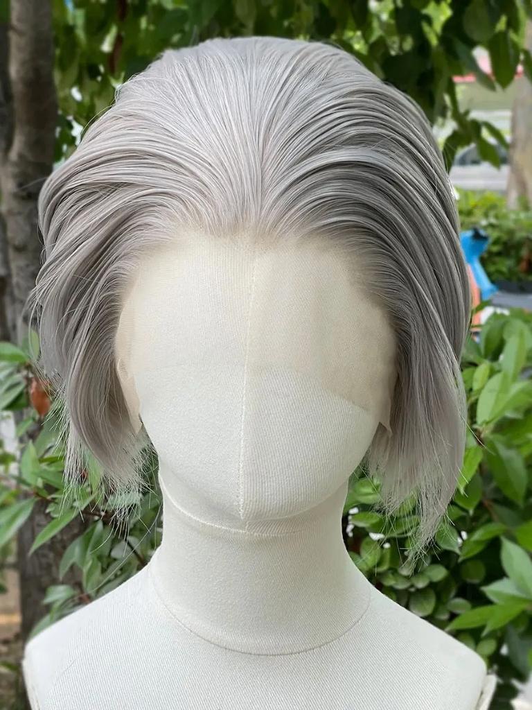 Grijze Korte Bob Pruik Met Lace Vrouwen Mannen Grijs Haar, Verzenden, Nieuw, Pruik of Haarverlenging