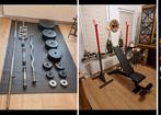 haltersteunen bankje halterstangen en halteschijven 86kg, Sport en Fitness, Ophalen, Zo goed als nieuw, Halterstangen