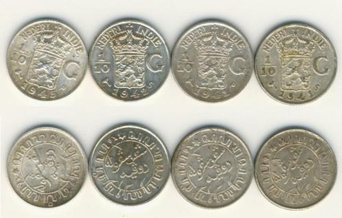 Nederlands Indië Ned 10 cent 1941s-41p-42s-45p Zilver c-396, Postzegels en Munten, Munten | Nederland, Setje, 10 cent, Koningin Wilhelmina