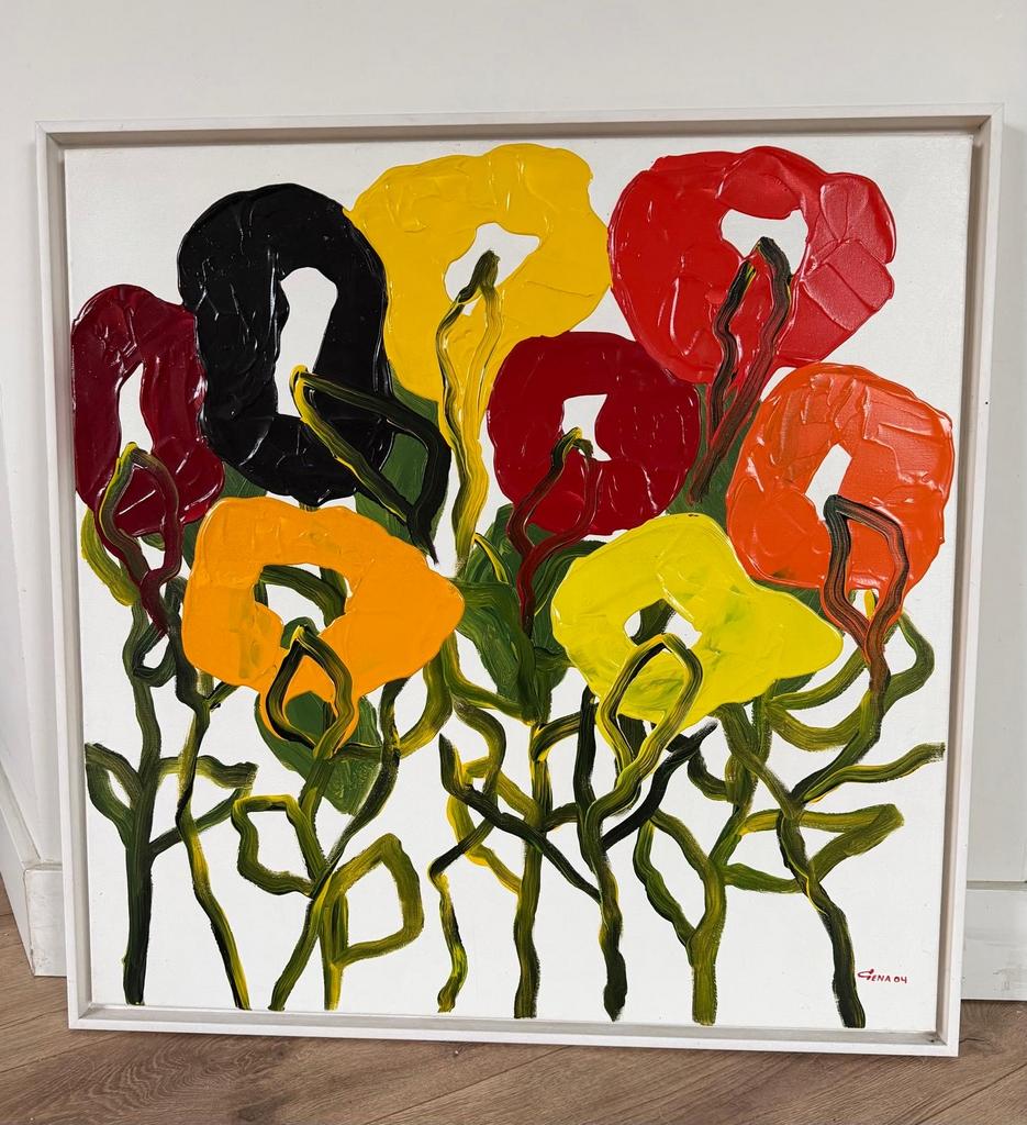 Kleurrijk bloemenschilderij van Gena - 80x80 cm, Antiek en Kunst, Kunst | Schilderijen | Klassiek, Ophalen