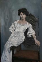 Vintage olieverf schilderij van dame in lijst, Ophalen of Verzenden