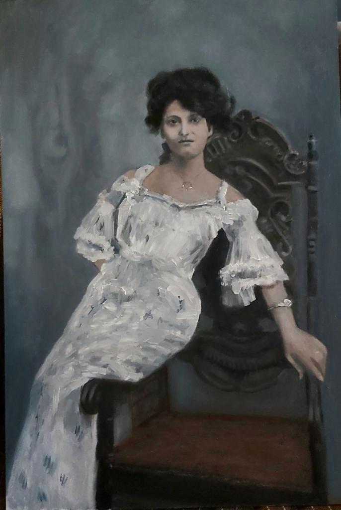 Vintage olieverf schilderij van dame in lijst, Antiek en Kunst, Kunst | Schilderijen | Klassiek, Ophalen of Verzenden