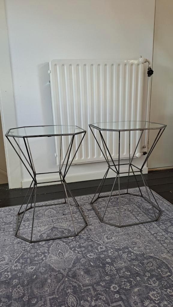 Xenos Bijzettafeltjes Glas en Staal 40x40x55 cm, Huis en Inrichting, Stoelen, Gebruikt, Eén, Metaal, Grijs, Ophalen