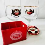 2 Amstel Bock Glazen + Kratje en Button, Verzamelen, Biermerken, Ophalen of Verzenden, Reclamebord, Plaat of Schild, Amstel