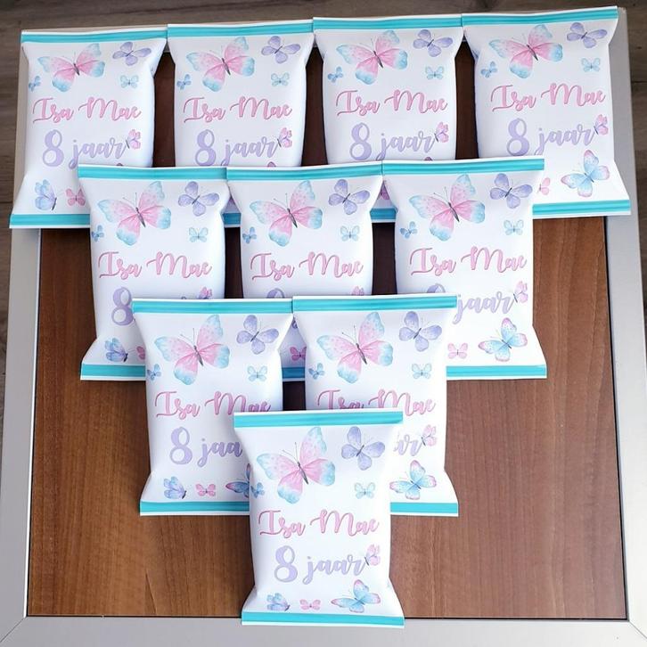 Traktatie zakje chips met thema VLINDERS, Hobby en Vrije tijd, Feestartikelen, Nieuw, Feestartikel, Verjaardag, Ophalen of Verzenden
